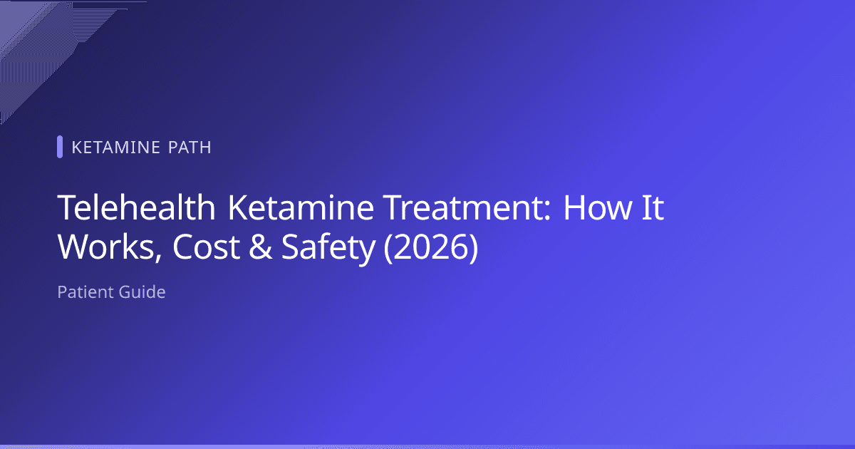 Illustrated guide header for telehealth ketamine treatment showing an online medical consultation and at-home care